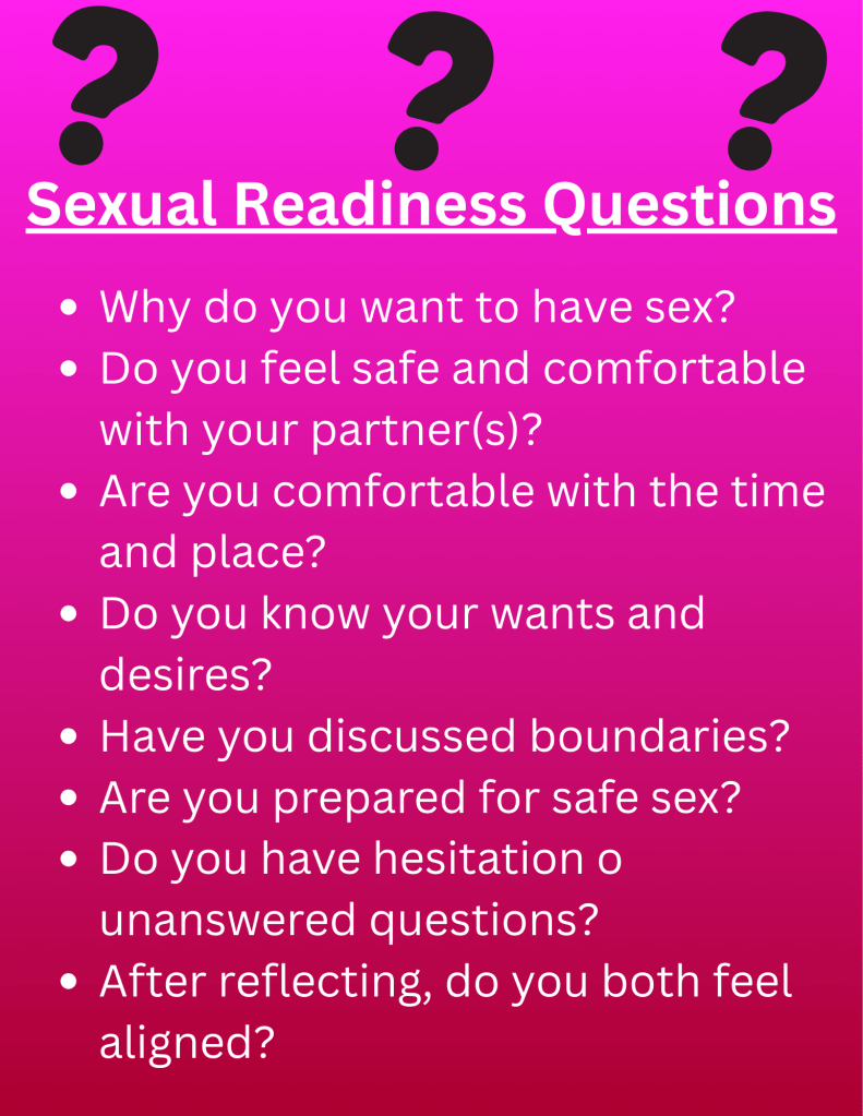 Pink infographic with a list of questions to ask how ready someone is to have sex: Why do you want to have sex? Do you feel safe and comfortable with your partner(s)? Are you comfortable with the time and place? Do you know your wants and desires? Have you discussed boundaries? Are you prepared for safe sex? Do you have hesitation or unanswered questions? Do you both feel aligned?